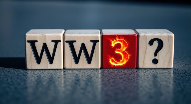 Wooden Blocks Spelling WW3 With Fiery Number 3 and Question Mark on Gray Surface