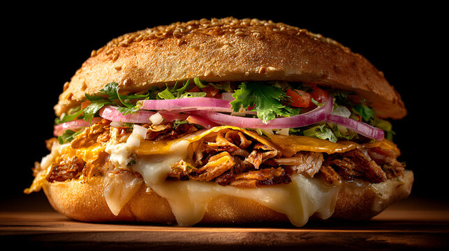 Mexican Cemita Sandwich with Crispy Pulled Pork, Melted Cheese, Avocado, and Pickled Red Onions on Sesame Seed Bun