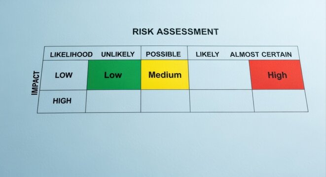 Risk assessment matrix showing impact versus likelihood for evaluating potential hazards and consequences