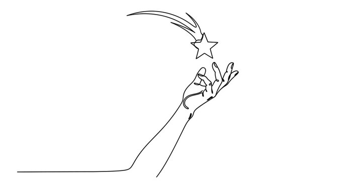 A minimalist single line drawing of an elegant human hand reaching out to touch a falling star