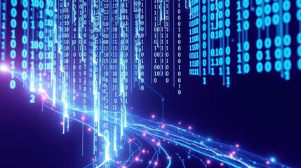 Obraz premium Digital rain, binary code streams. Futuristic network connections, glowing blue lines, dark background. Data visualization concept.