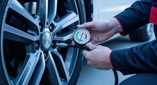 Mechanic checking tire pressure with gauge, ensuring vehicle safety and optimal performance