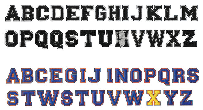 Alphabet Letters A to Z in Vintage College Style, Grunge and Retro Fonts