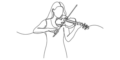A continuous line drawing of a woman playing the violin with elegance and graceful artistic style © BipulChandra