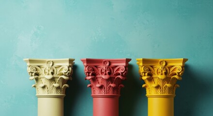 Naklejka premium Three colorful ancient architectural columns stand against a textured turquoise wall, symbolizing support, history, and diversity