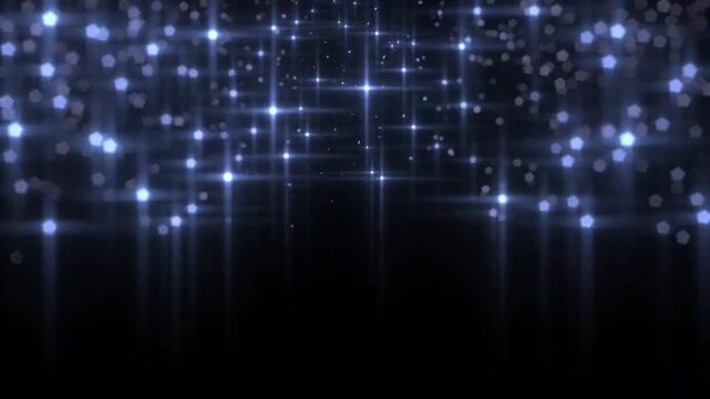 Blue glowing stars and pentagon bokeh particles falling from top on black seamless motion background