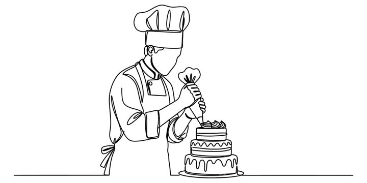 A single continuous line drawing of a professional chef decorating a layered cake for celebration.