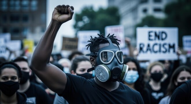 Man in Gas Mask Raises Fist at Protest Against Racism, Demanding Equality and Justice