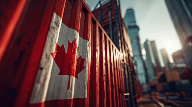 Close-up of a shipping container with the Canadian flag, symbolizing global trade and logistics in a cityscape.