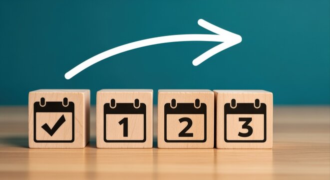 Wooden cubes with calendar icons showing a checkmark and numbers 1, 2, 3, with an arrow indicating progress on a teal background