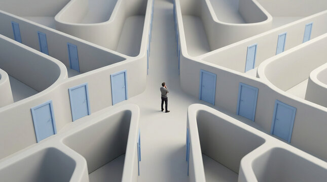 man standing in a maze with multiple paths isolated on transparent background