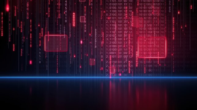 Digital rain effect, binary code streams. Glowing red highlights, blue base. Futuristic, abstract technology background.