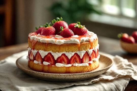 Whole fresh strawberry naked layer cake on ceramic plate with linen napkin, sliced berries visible between cream layers, warm natural window light, rustic kitchen food photo