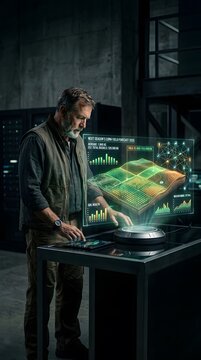 : A farmer in a minimalist command center viewing a glowing 3D holographic projection of next season&rsquo;s corn yield data, dark aesthetic
