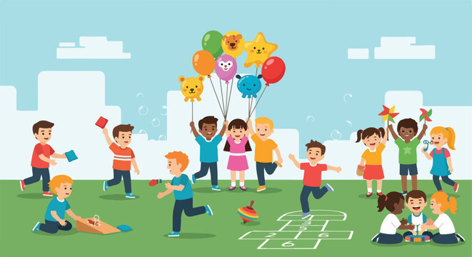 Happy diverse children playing together outside with balloons and yard games