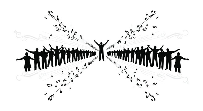 People silhouettes stand with arms raised in a V-formation to celebrate a sense of collective success and unity, creating an inspiring visual metaphor for leadership and team harmony.