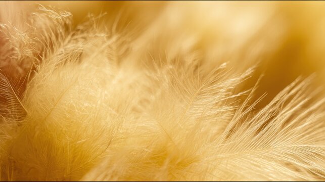 Extreme macro texture of soft yellow chick feathers, fluffy structure, warm tones, ultra soft light, high detail, clean background