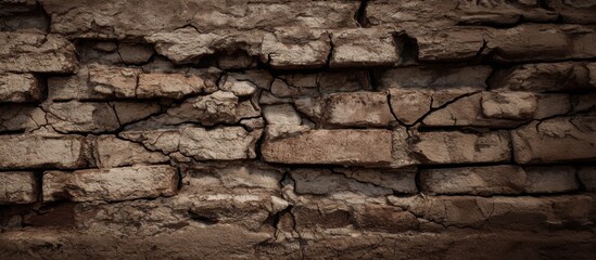 Fototapeta premium Hyper detailed texture of damaged brick wall with missing pieces and cracks, dusty tones, rough surface, evenly lit, abandoned building background