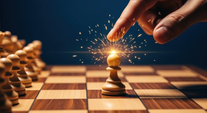 Strategic move with a single pawn on a chessboard, symbolizing leadership and decision-making with a spark of inspiration
