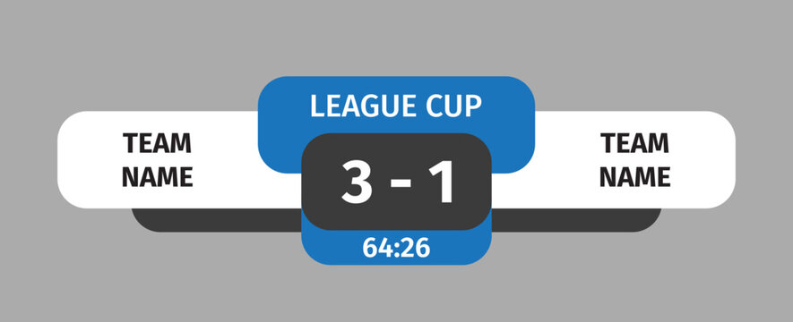 Live football scoreboard template 3-1 with timer, league cup broadcast overlay design. Modern sports graphic with clean layout, team name placeholders, editable UI for soccer media and presentation