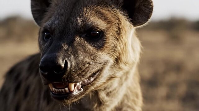 Close-up of a spotted hyena in its natural habitat, showcasing its powerful jaws and distinctive features.
