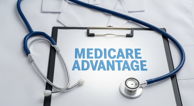 Close-up of stethoscope on doctor's coat with Medicare Advantage plan document on clipboard