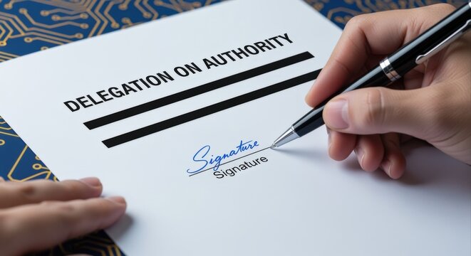 Hand Signing Delegation of Authority Document on a Blueprint Background