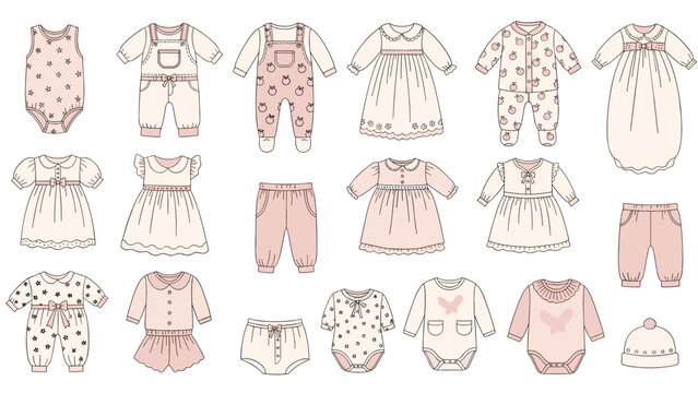 Large collection of cute baby clothing items like dresses, rompers, and hats in soft pink and cream colors with delicate patterns.