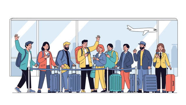 Diverse group of travelers standing in line with luggage at an airport terminal with a plane visible through the window.