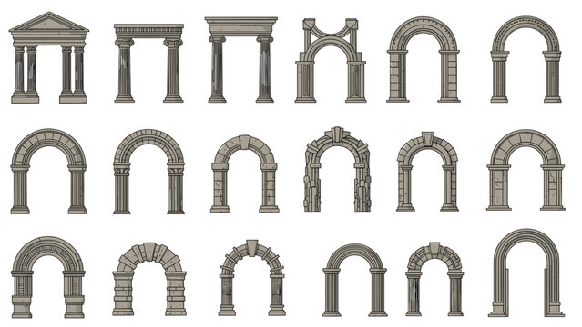 Variety of ancient architectural stone arches and columns showing different historical styles and structural designs in a line art set.