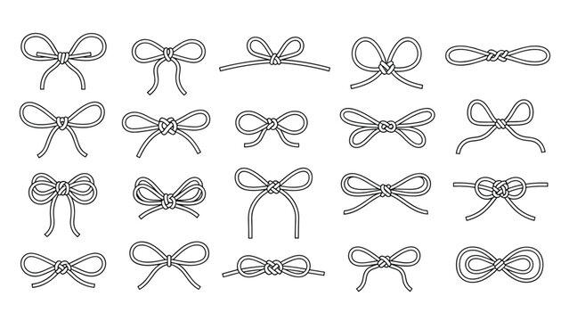 Selection of different hand drawn bow tie and knot styles shown in black and white outlines for graphic design elements.