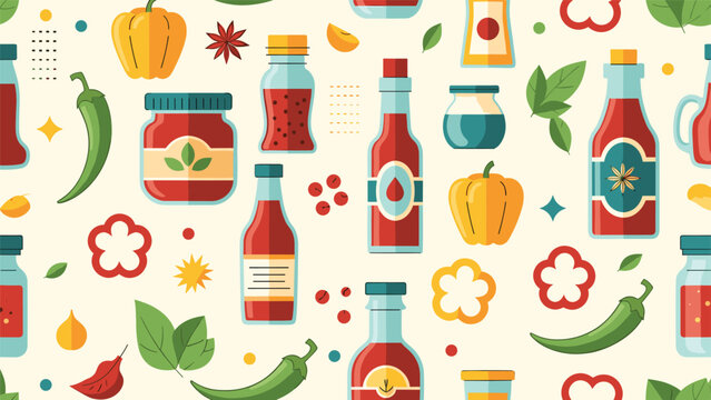 Seamless pattern of various food condiments and sauces including ketchup, mustard, and pepper in bottles and jars.