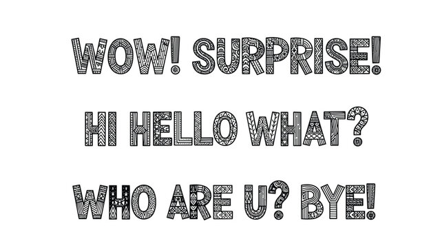 Decorative typography featuring common English expressions like wow and hello filled with intricate hand drawn patterns.