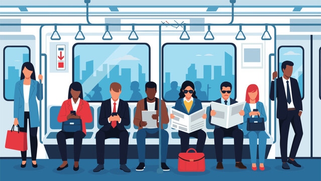 Diverse group of commuters sitting and standing inside a modern subway train car while using phones and reading newspapers.