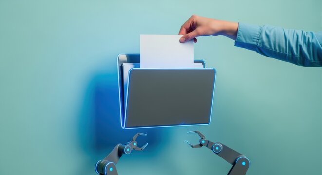 Automated document management system with robotic arms and human hand organizing digital files in a modern office