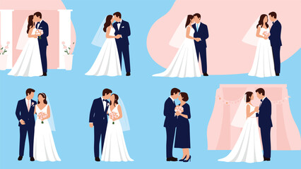 Obraz premium Set of wedding couples in various romantic poses including kissing and holding hands in formal attire for bridal and marriage celebrations.