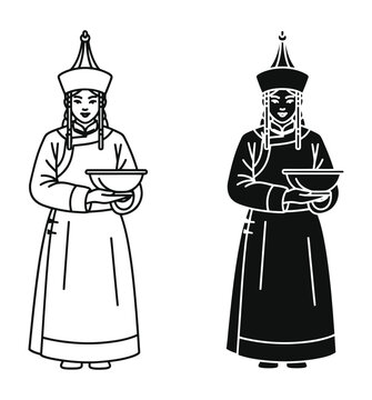 Cultural Mongolian woman in traditional deel dress, ethnic nomad character vector, asian folk costume icons &ndash; Minimal Line Art