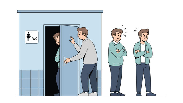 Awkward situation where a man accidentally opens the door to a women's restroom while others wait in a long queue.