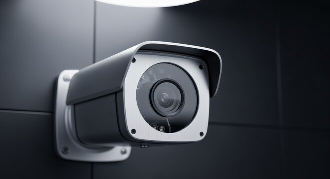 Modern Outdoor Surveillance Camera Mounted on Dark Wall with Overhead Light
