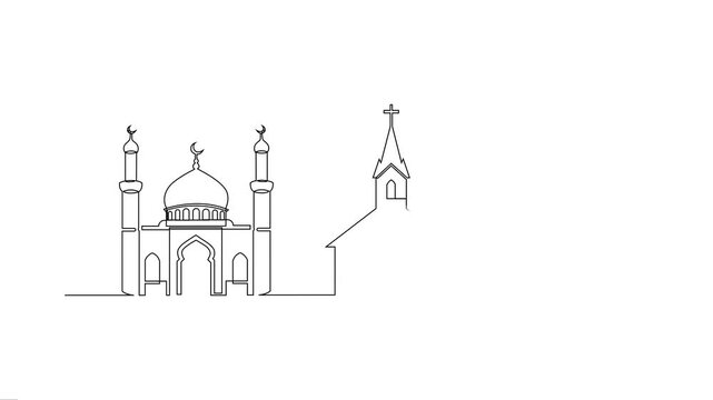 Continuous line animation of spiritual landmarks, peace and coexistence vector motion.