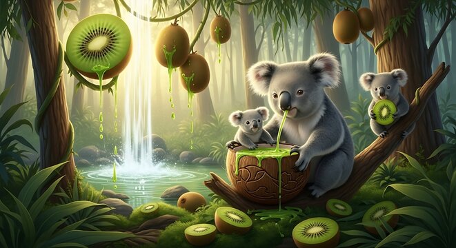 Koalas eating kiwi in forest habitat.
