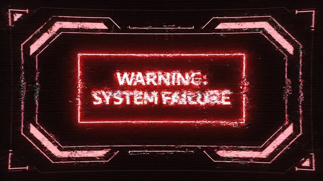 Digital Warning Screen with Glitch Effect and Neon Red Text: System Failure Alert on a Futuristic HUD Interface