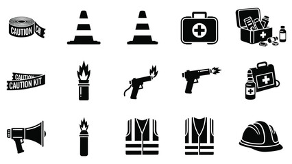 Fototapeta premium Safety and emergency icons set. caution tape, traffic cones, first aid kit, flare gun and reflective vest.