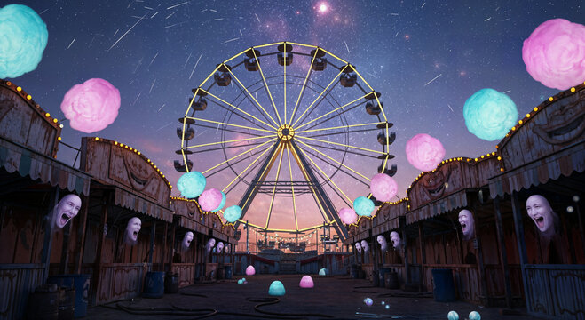 Surreal fairground with floating pink and blue cotton candy clouds at night, magical amusement park dreamscape and childhood fantasy carnival adventure background decoration.