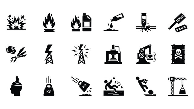 Black silhouette industrial hazard icons showing workplace accidents and dangerous materials.