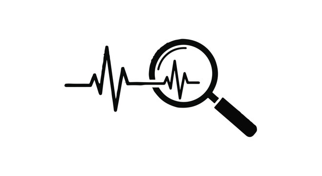 Magnifying glass examining a heartbeat pulse line represents the professional medical analysis of human cardiac rhythms in a diagnostic clinical healthcare setting for patient monitoring.