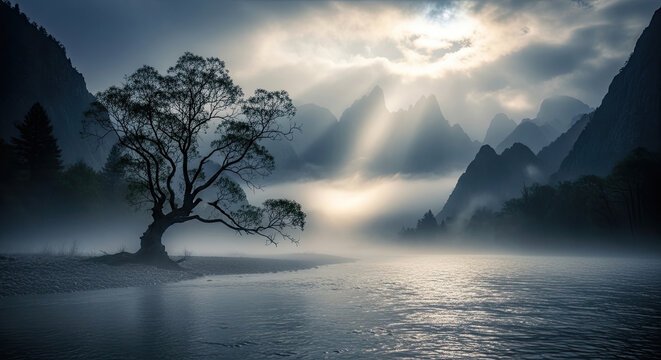 Tranquil river landscape with solitary tree silhouette against misty mountains at dawn in serene atmospheric vista