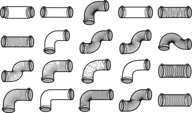 An array of illustrated of various different pipe shapes and designs arranged, conveying a sense of versatility and mechanical.