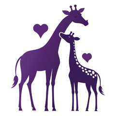 Fototapeta premium Mother giraffe and baby calf silhouette showing love and family bond with hearts