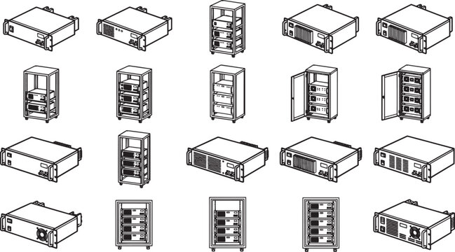 A meticulously curated collection of network servers and data racks showcased in a detailed illustration that showcases the design and the array of configurations.